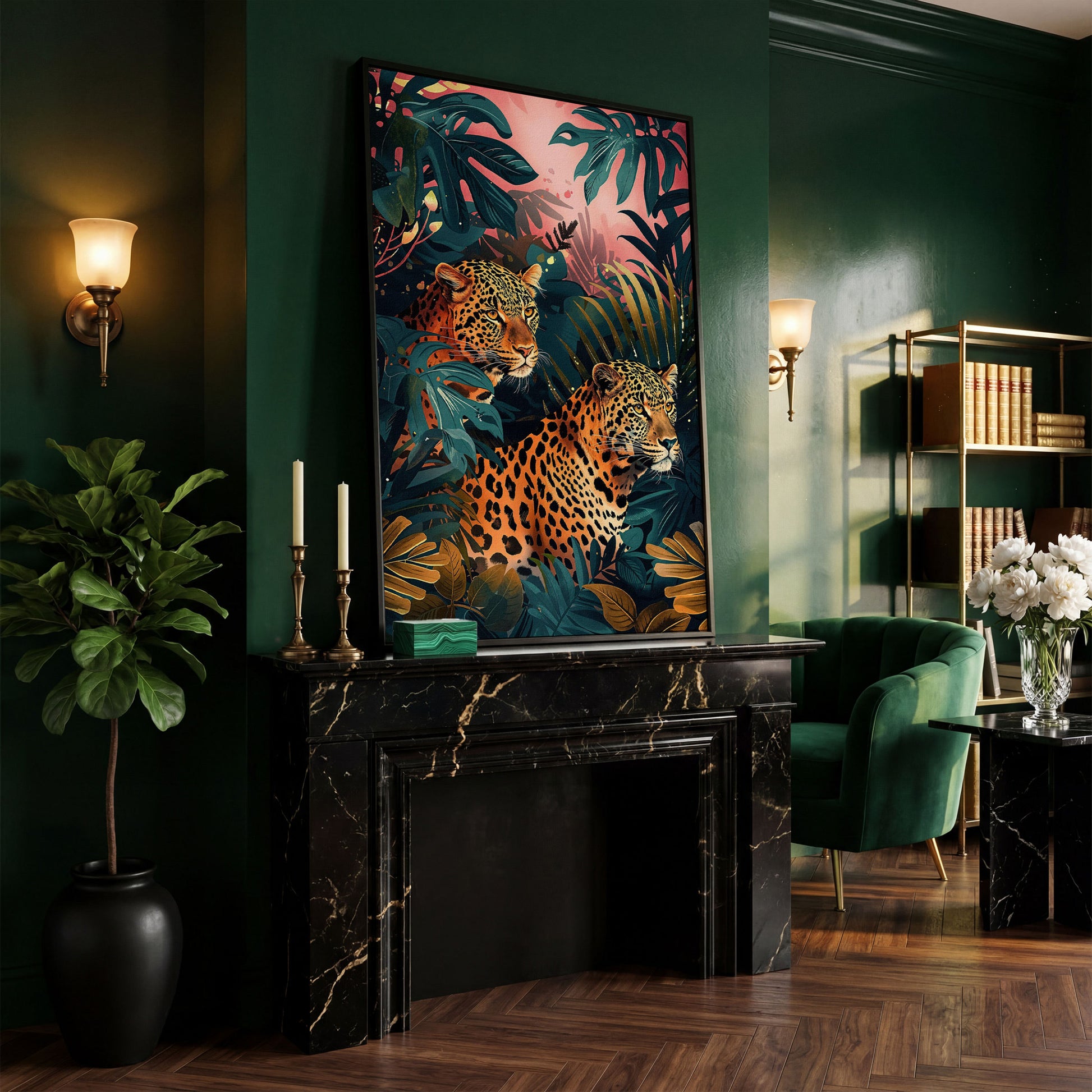 Leopards in Lush Jungle Canvas Print in black floating frame