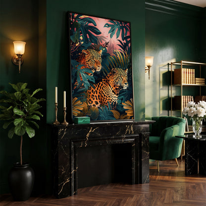 Leopards in Lush Jungle Canvas Print in black floating frame
