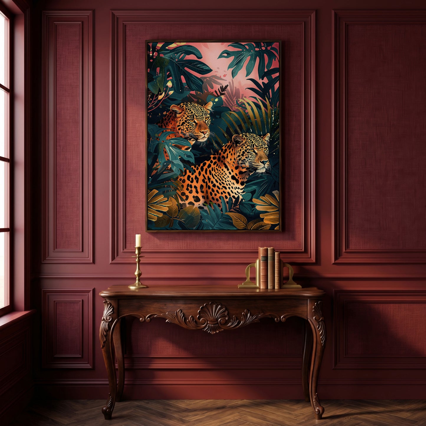Leopards in Lush Jungle Canvas Print in dark walnut floating frame