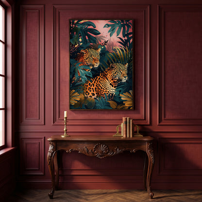 Leopards in Lush Jungle Canvas Print in dark walnut floating frame