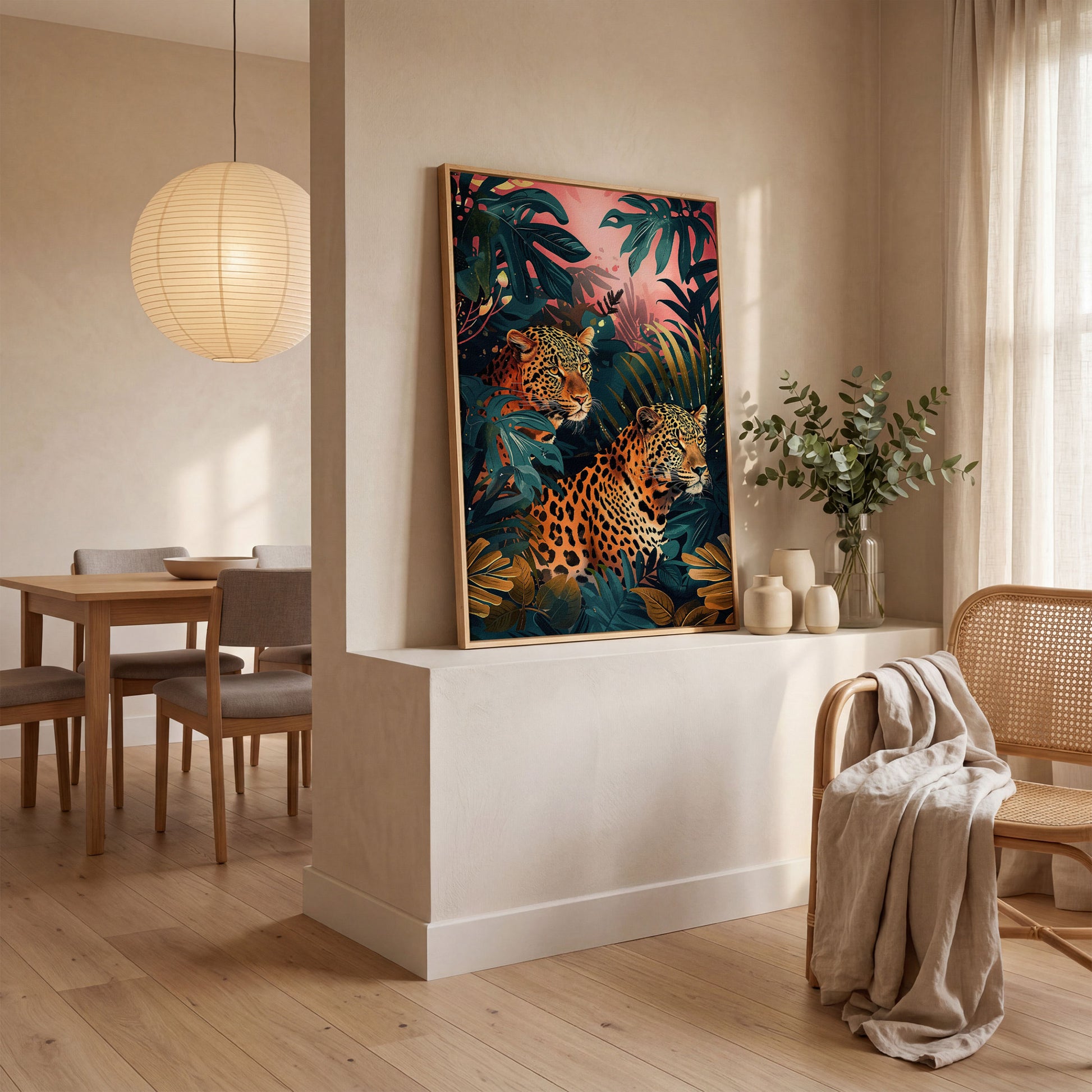 Leopards in Lush Jungle Canvas Print in white oak floating frame
