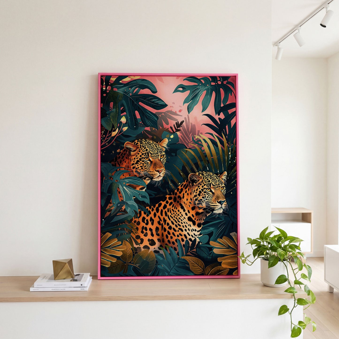 Leopards in Lush Jungle Canvas Print in pink floating frame