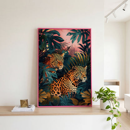 Leopards in Lush Jungle Canvas Print in pink floating frame