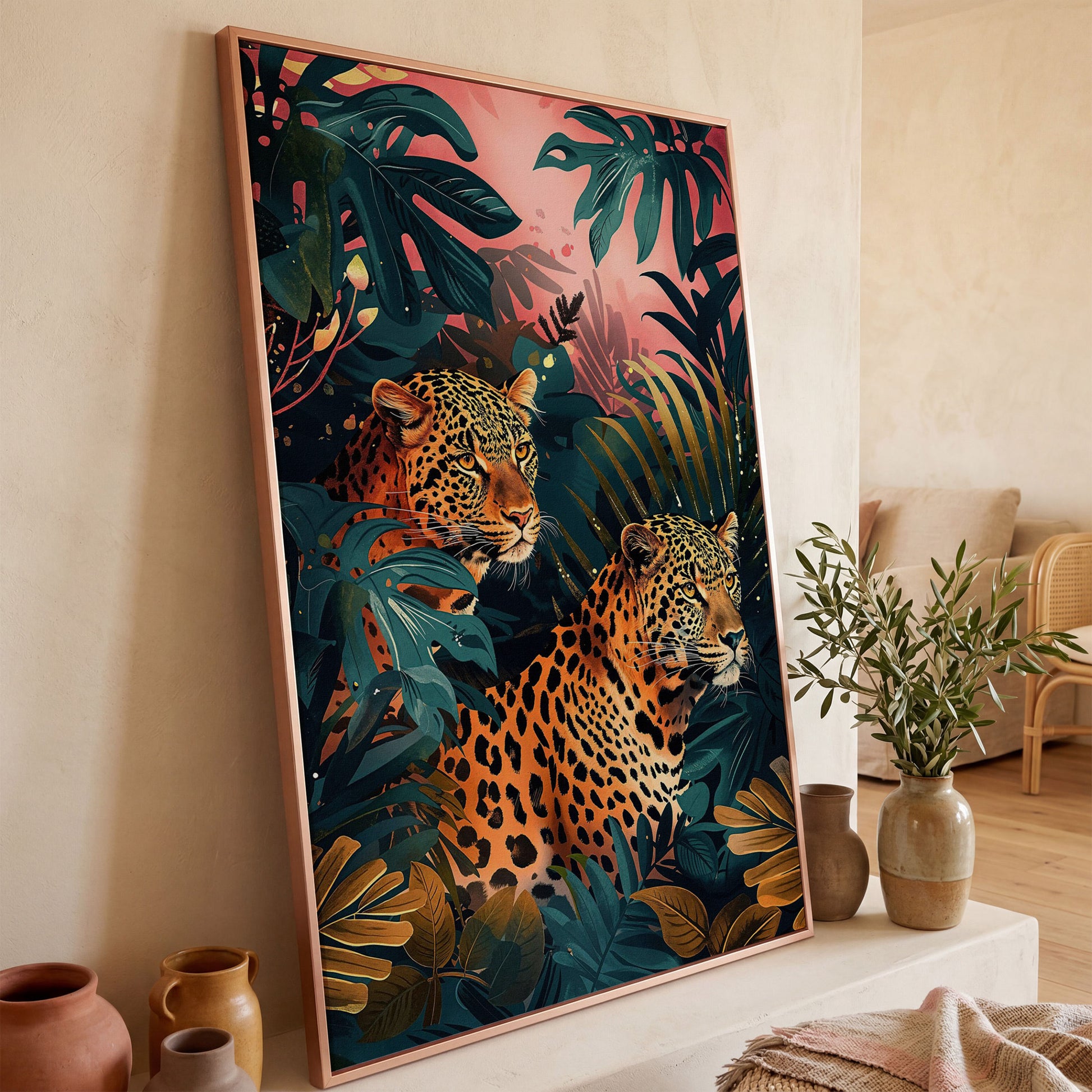 Leopards in Lush Jungle Canvas Print in rose gold floating frame