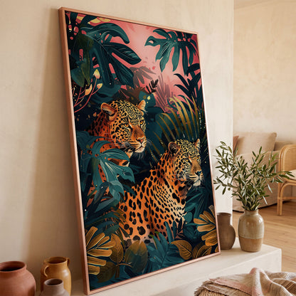 Leopards in Lush Jungle Canvas Print in rose gold floating frame