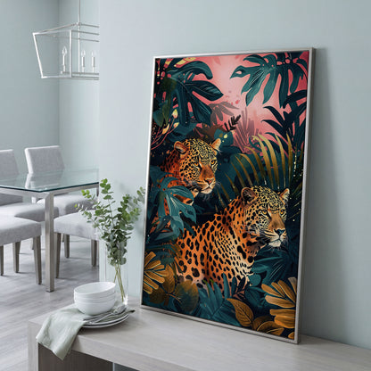 Leopards in Lush Jungle Canvas Print in silver floating frame