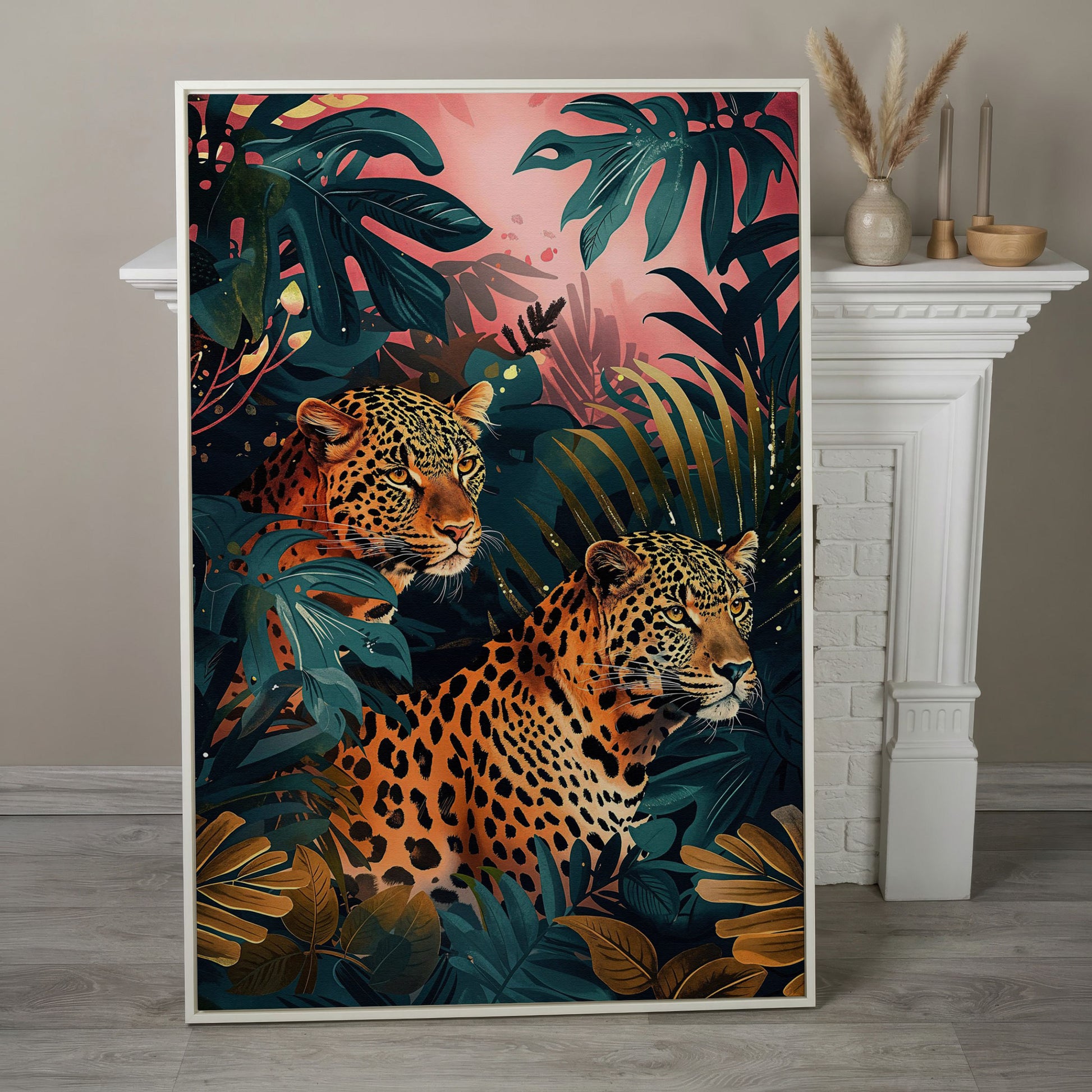 Leopards in Lush Jungle Canvas Print in white floating frame