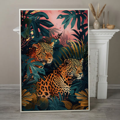 Leopards in Lush Jungle Canvas Print in white floating frame