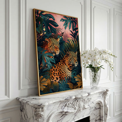 Leopards in Lush Jungle Canvas Print in yellow gold floating frame