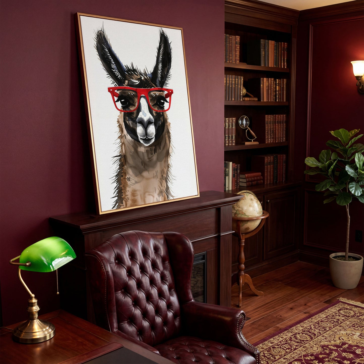 Llama in Red Glasses: Close-Up Portrait Canvas Art in antique gold floating frame