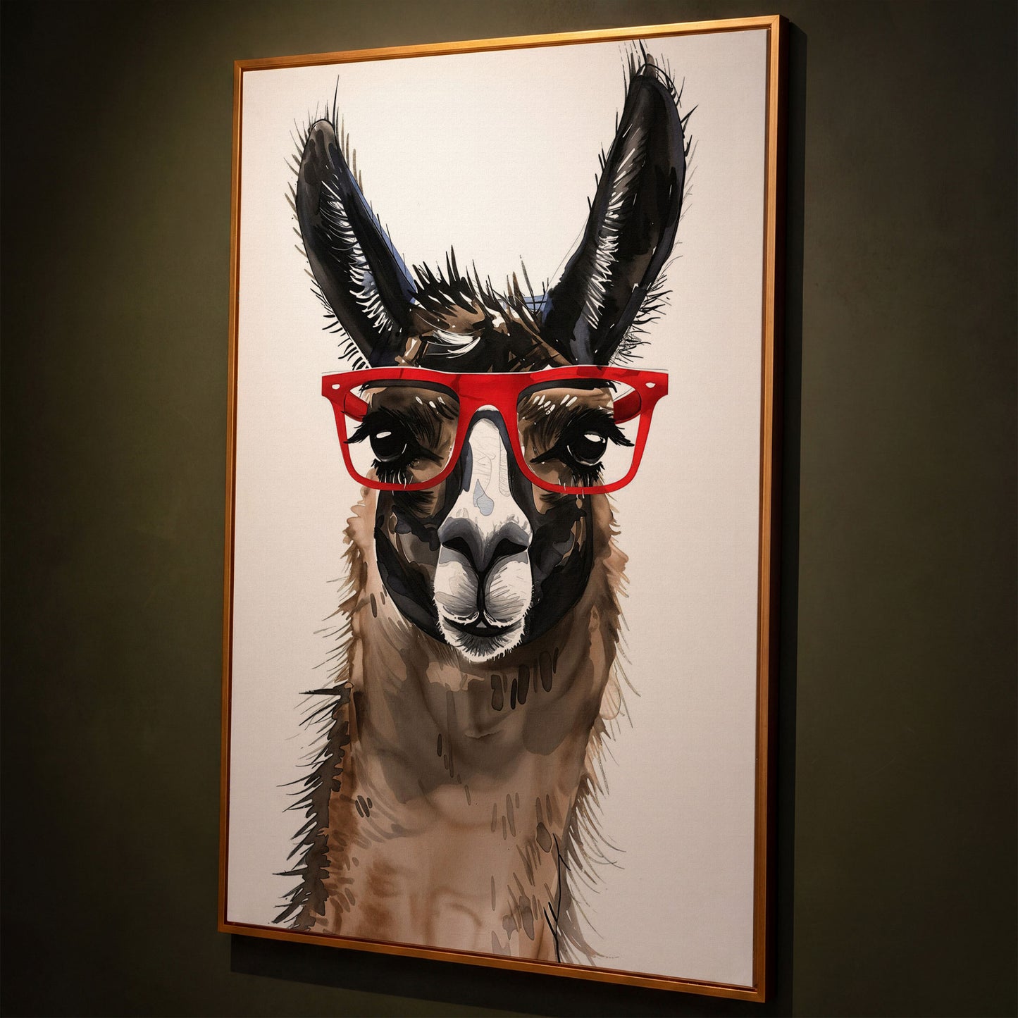 Llama in Red Glasses: Close-Up Portrait Canvas Art shown in antique gold floating frame