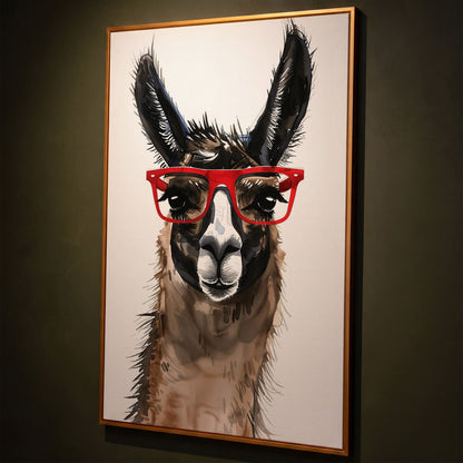 Llama in Red Glasses: Close-Up Portrait Canvas Art shown in antique gold floating frame