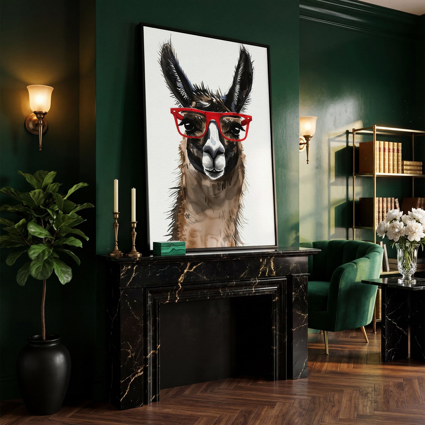 Llama in Red Glasses: Close-Up Portrait Canvas Art in black floating frame