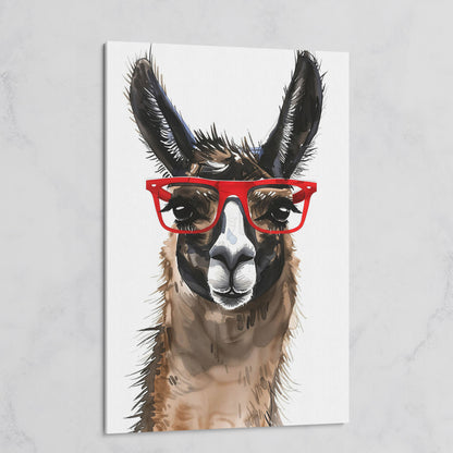 Llama in Red Glasses: Close-Up Portrait Canvas Art on gallery wrap