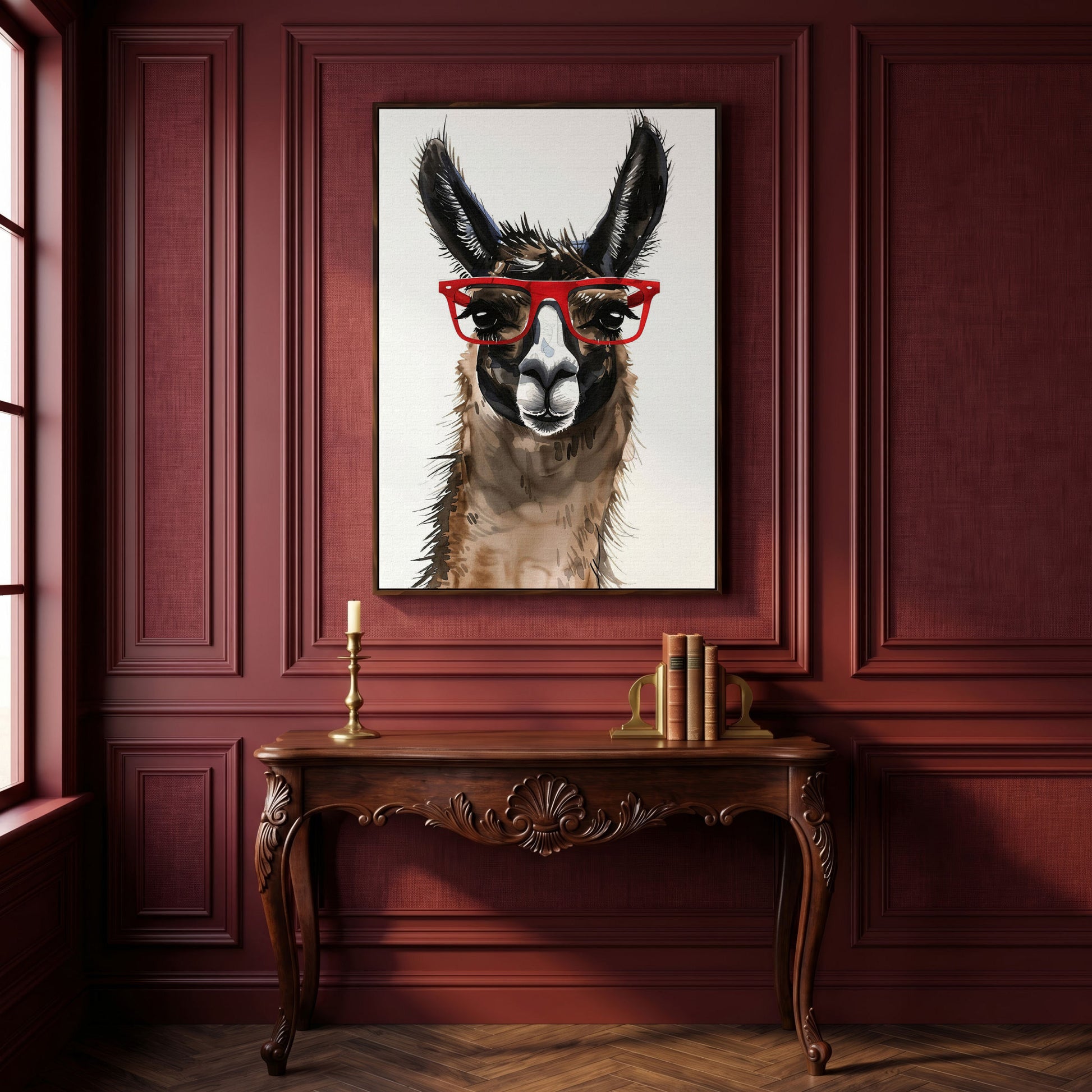 Llama in Red Glasses: Close-Up Portrait Canvas Art in dark walnut floating frame