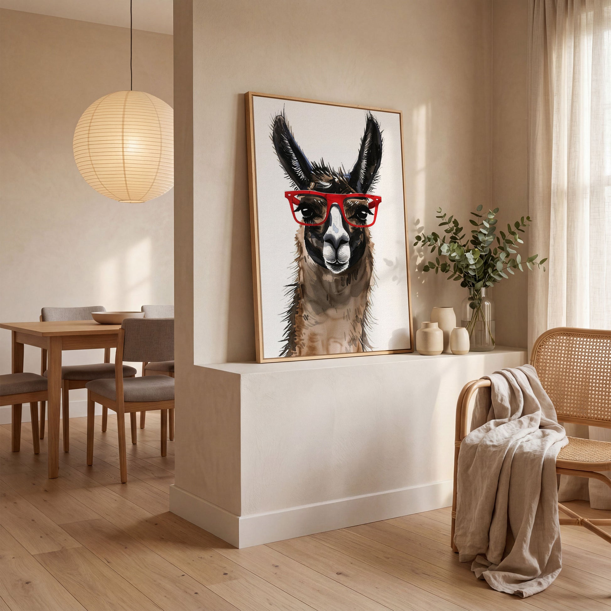 Llama in Red Glasses: Close-Up Portrait Canvas Art in white oak floating frame