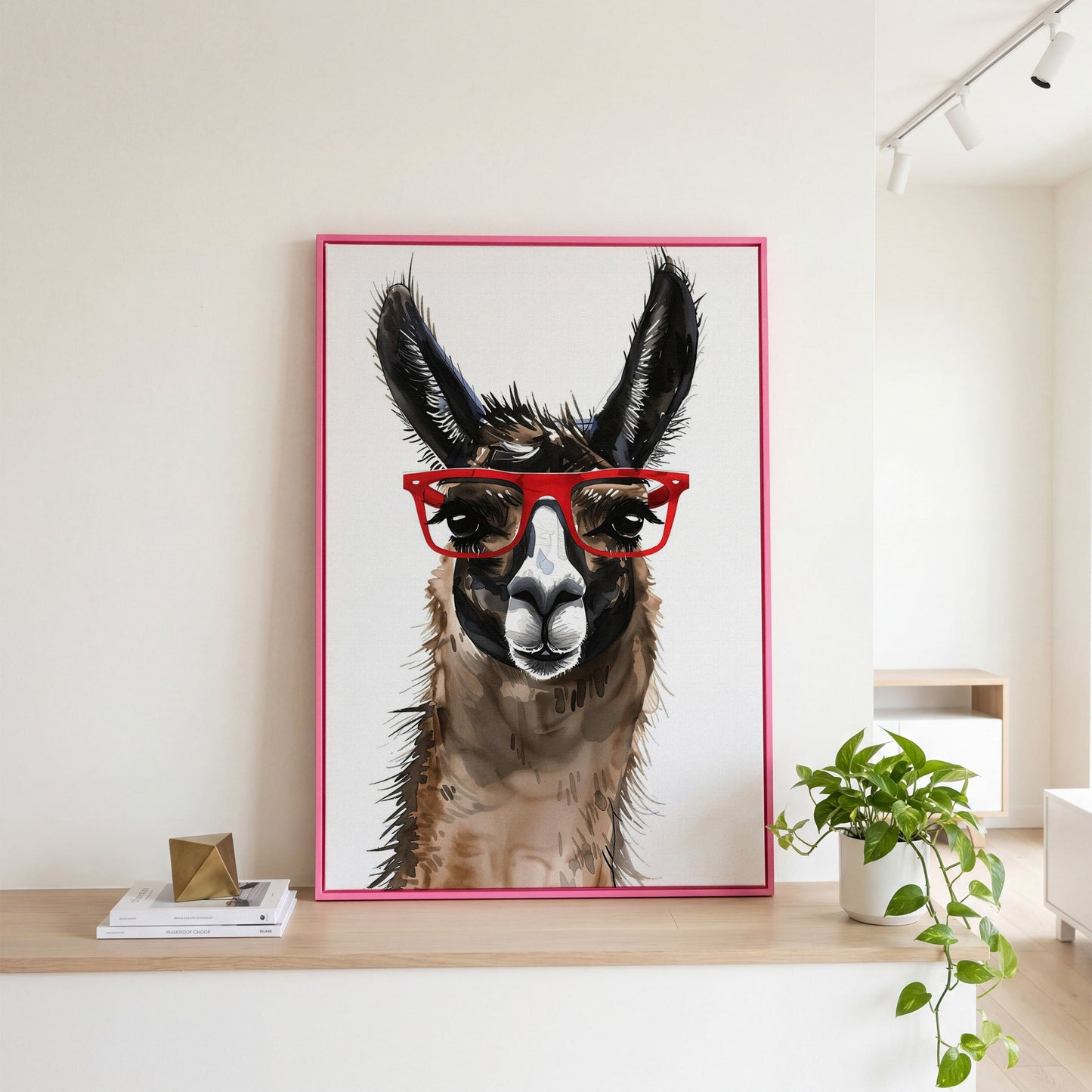 Llama in Red Glasses: Close-Up Portrait Canvas Art in pink floating frame