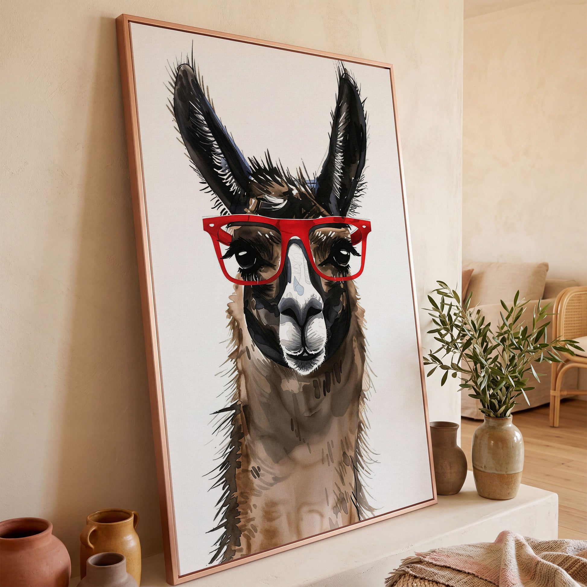 Llama in Red Glasses: Close-Up Portrait Canvas Art in rose gold floating frame