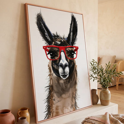 Llama in Red Glasses: Close-Up Portrait Canvas Art in rose gold floating frame