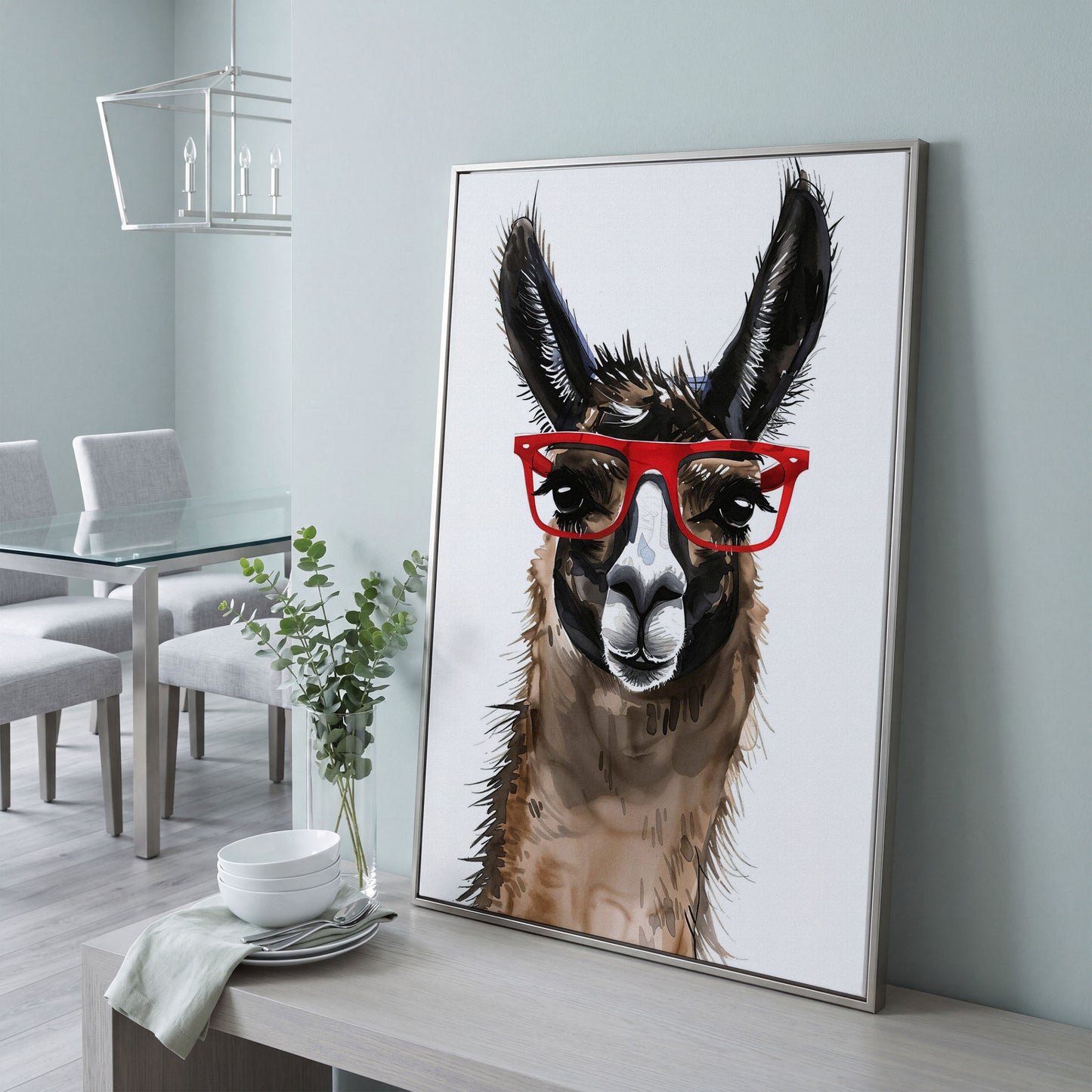 Llama in Red Glasses: Close-Up Portrait Canvas Art in silver floating frame