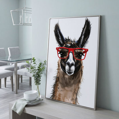Llama in Red Glasses: Close-Up Portrait Canvas Art in silver floating frame