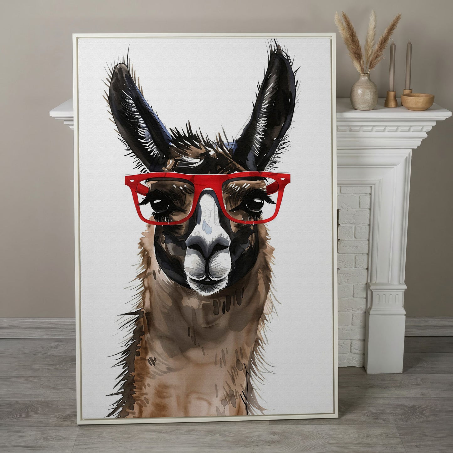 Llama in Red Glasses: Close-Up Portrait Canvas Art in white floating frame