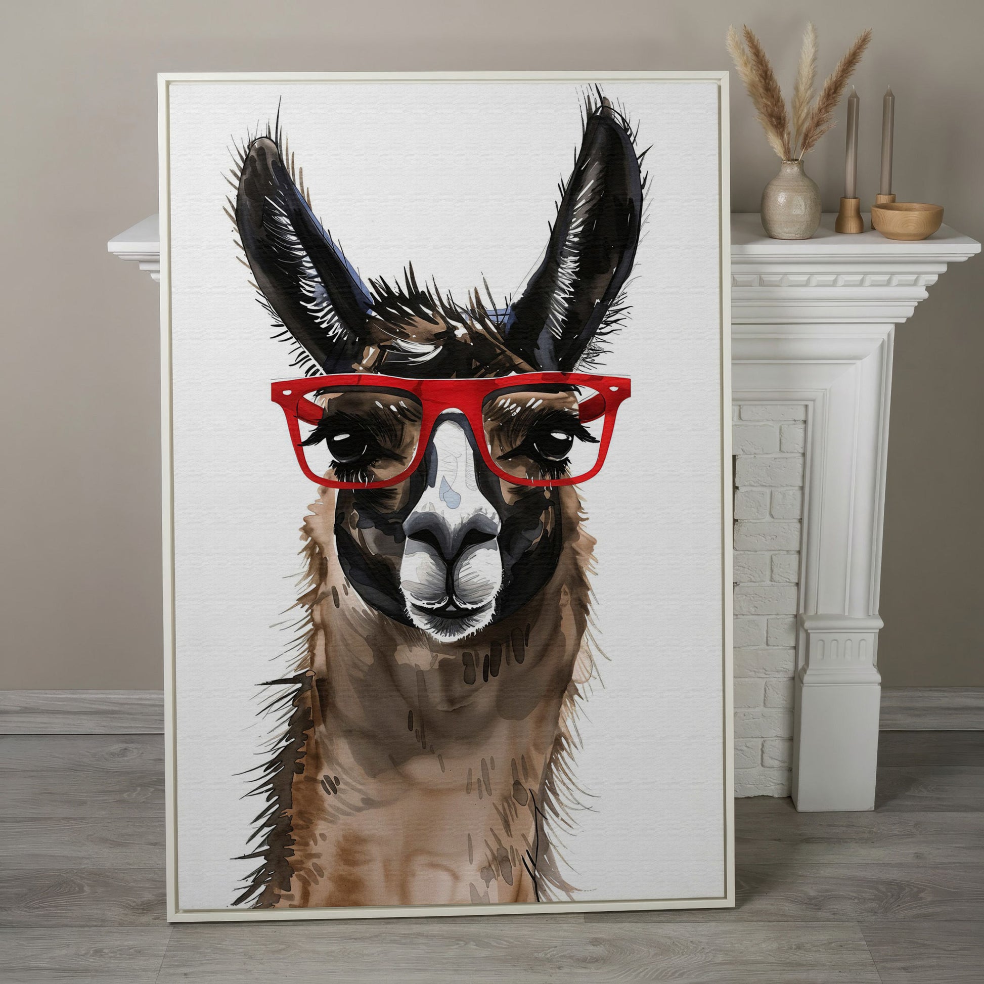 Llama in Red Glasses: Close-Up Portrait Canvas Art in white floating frame