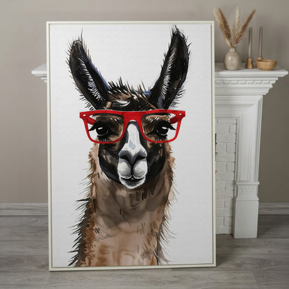 Llama in Red Glasses: Close-Up Portrait Canvas Art in white floating frame