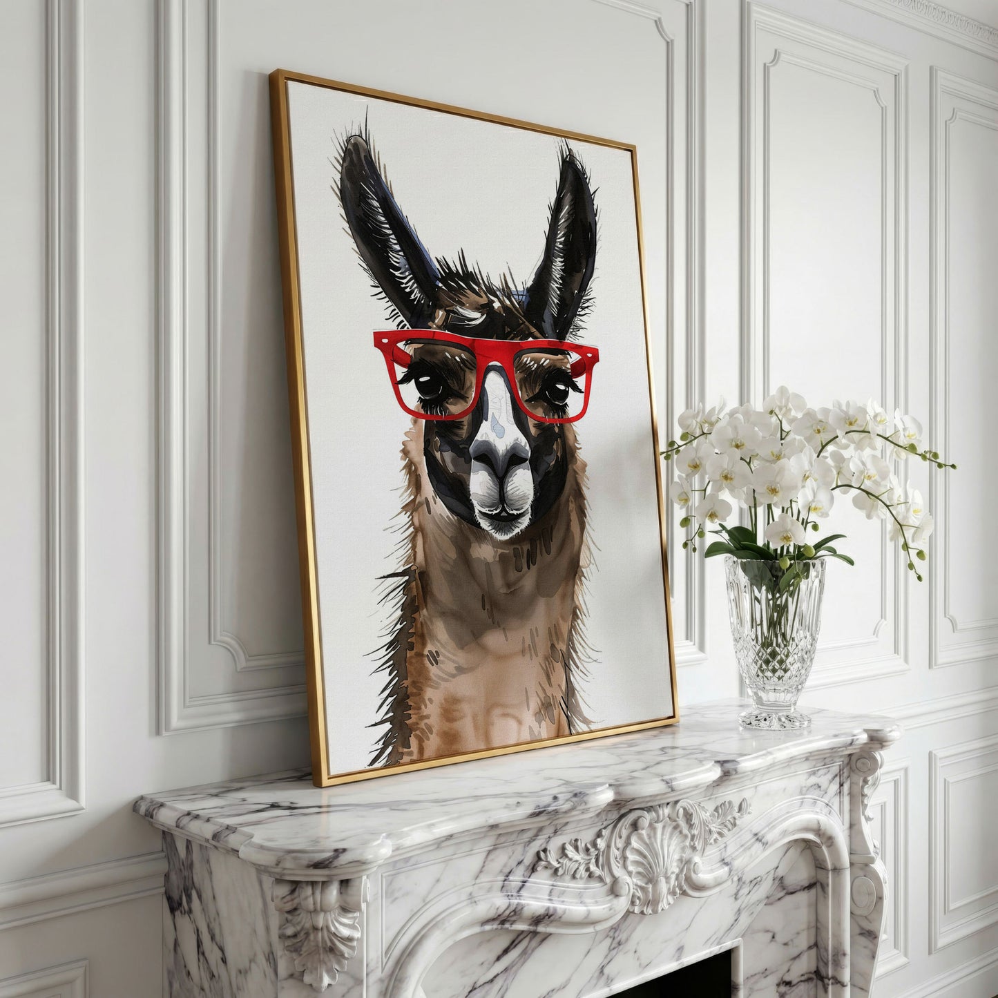 Llama in Red Glasses: Close-Up Portrait Canvas Art in yellow gold floating frame