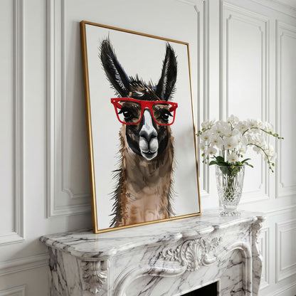 Llama in Red Glasses: Close-Up Portrait Canvas Art in yellow gold floating frame
