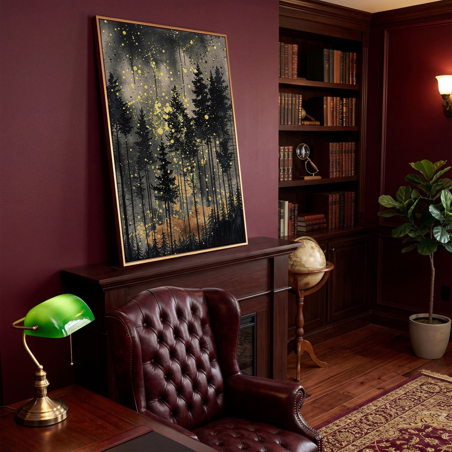 Mystical Pine Trees Forest Canvas in antique gold floating frame