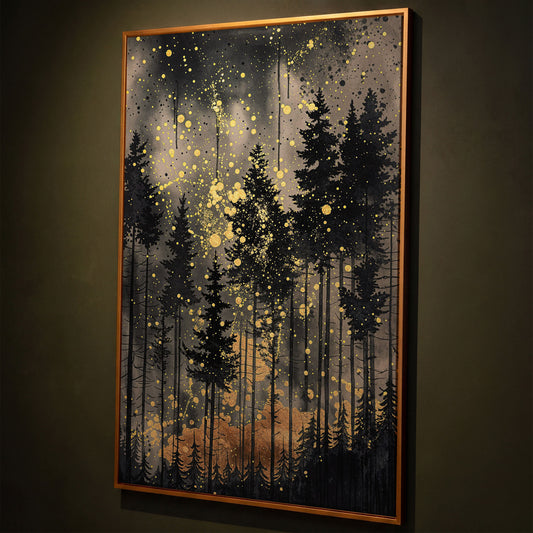 Mystical Pine Trees Forest Canvas shown in antique gold floating frame