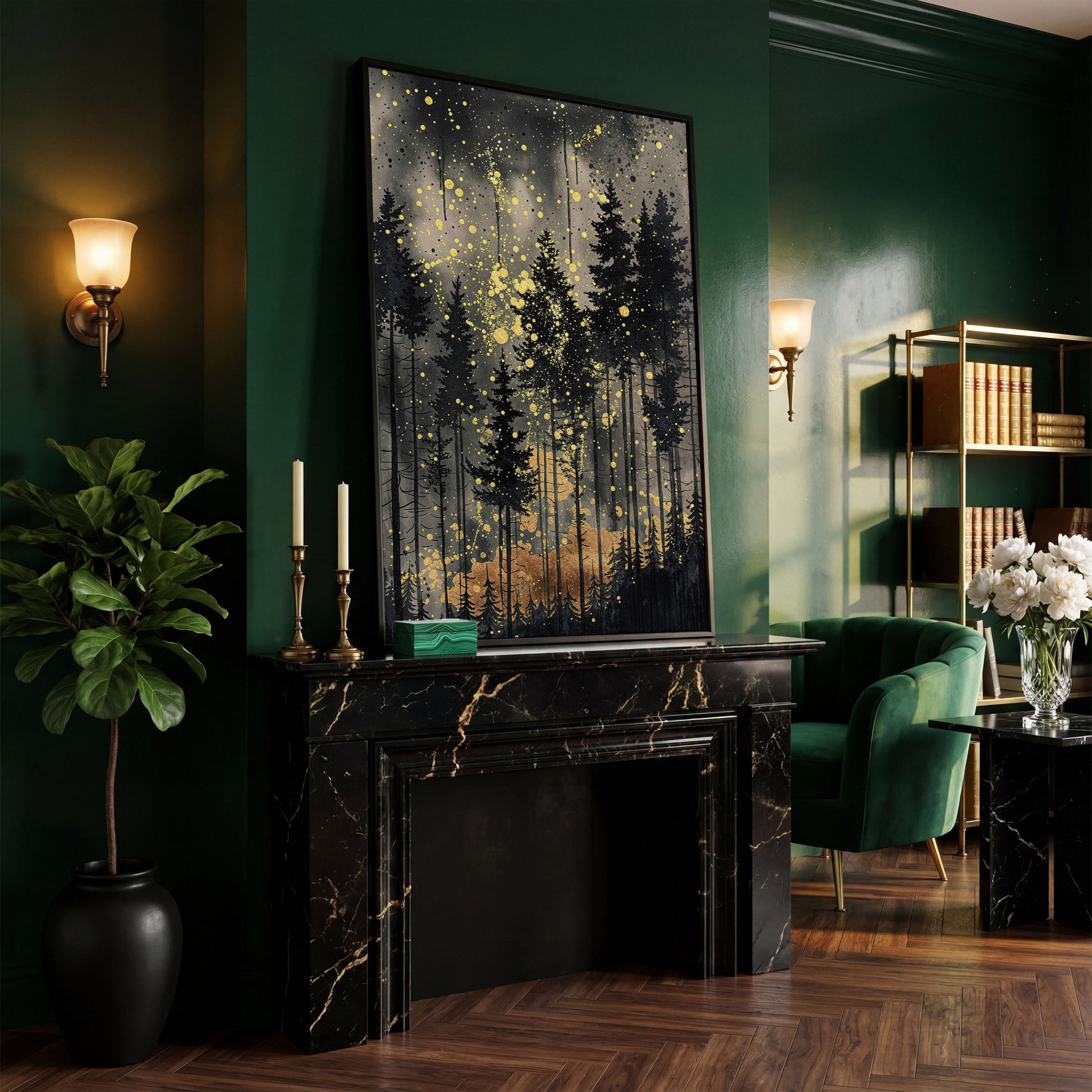 Mystical Pine Trees Forest Canvas in black floating frame
