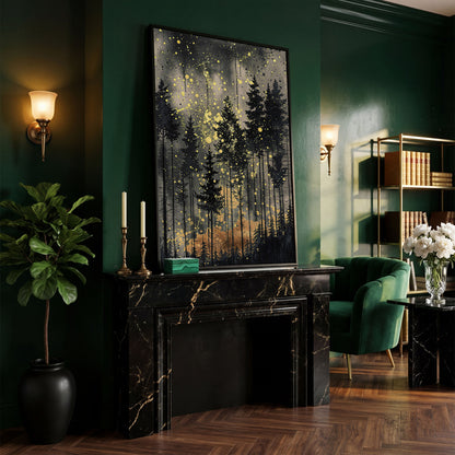 Mystical Pine Trees Forest Canvas in black floating frame