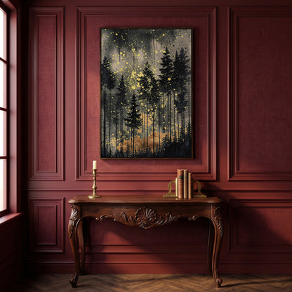 Mystical Pine Trees Forest Canvas in dark walnut floating frame