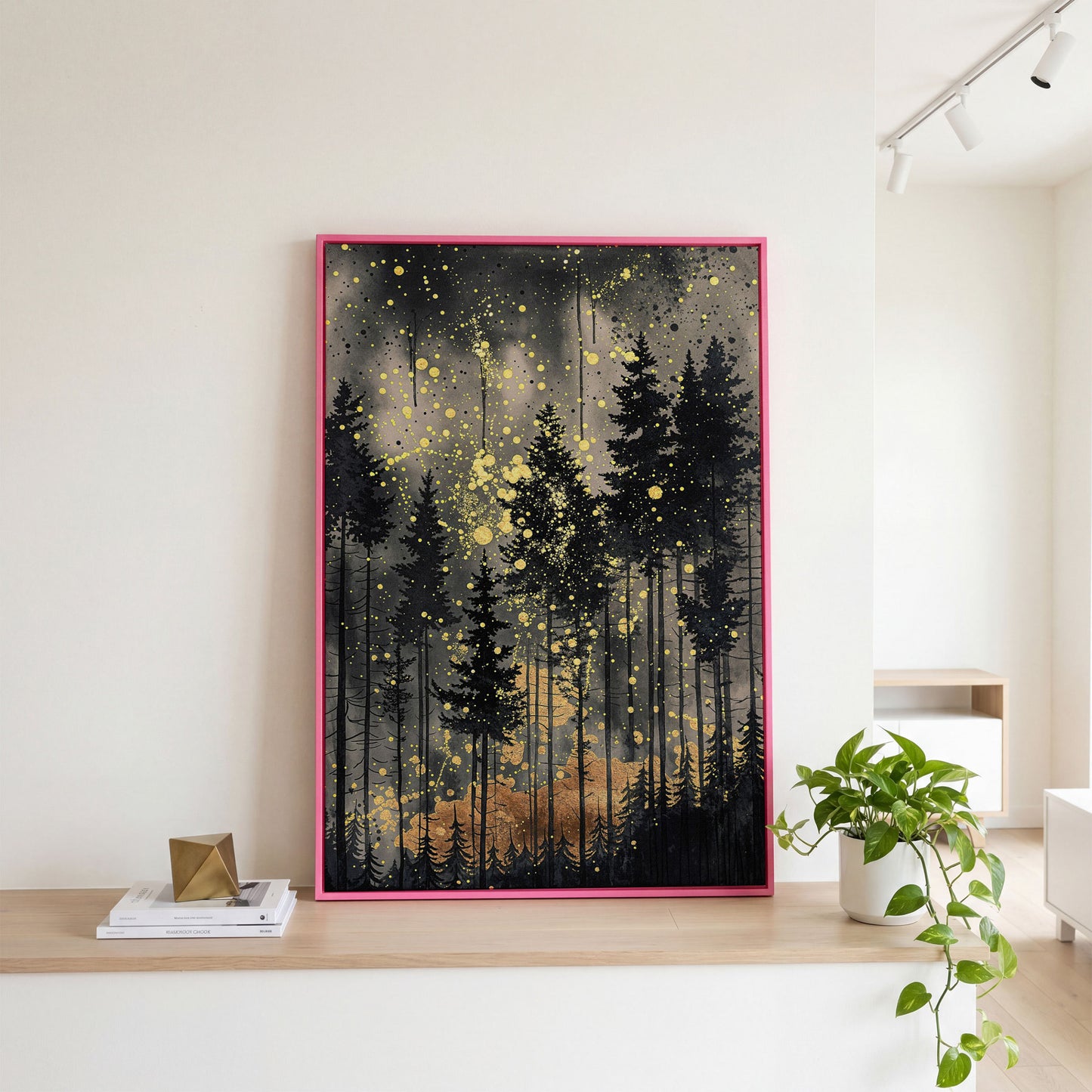 Mystical Pine Trees Forest Canvas in pink floating frame