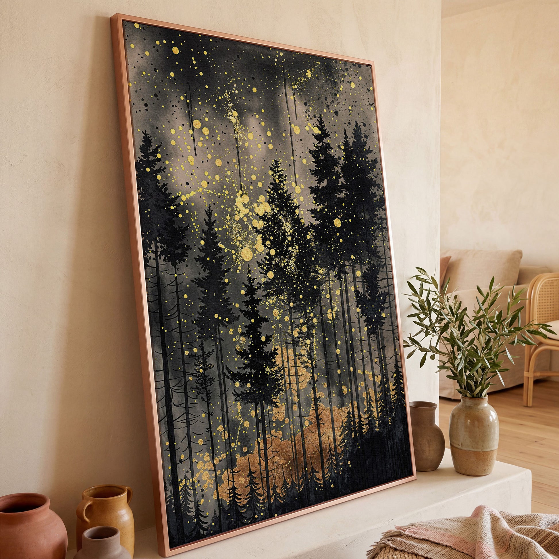 Mystical Pine Trees Forest Canvas in rose gold floating frame