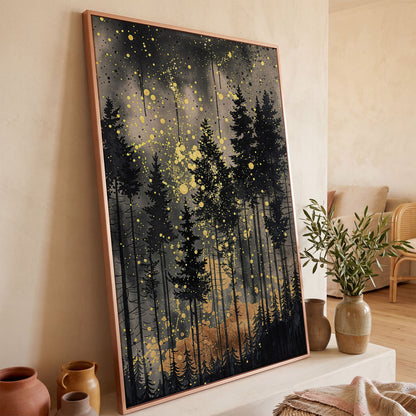 Mystical Pine Trees Forest Canvas in rose gold floating frame