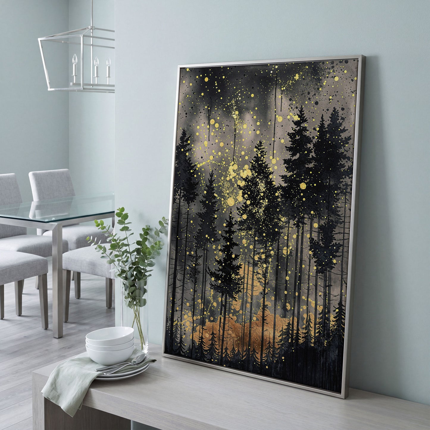 Mystical Pine Trees Forest Canvas in silver floating frame