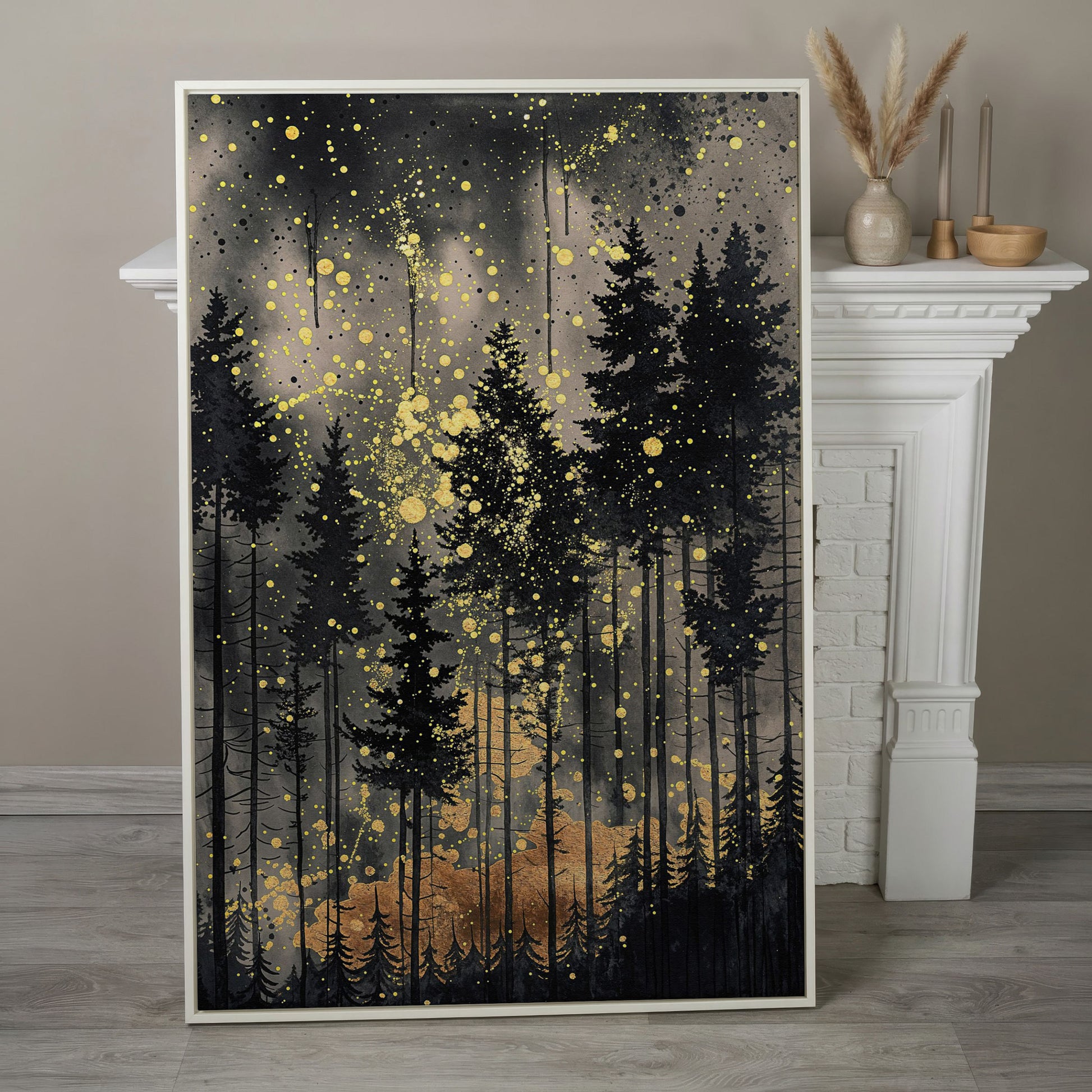 Mystical Pine Trees Forest Canvas in white floating frame