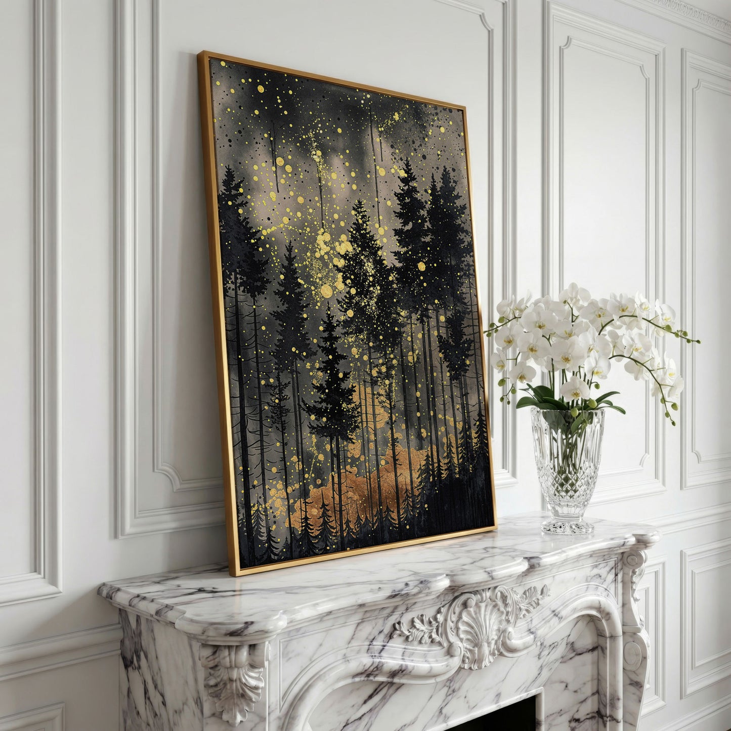 Mystical Pine Trees Forest Canvas in yellow gold floating frame