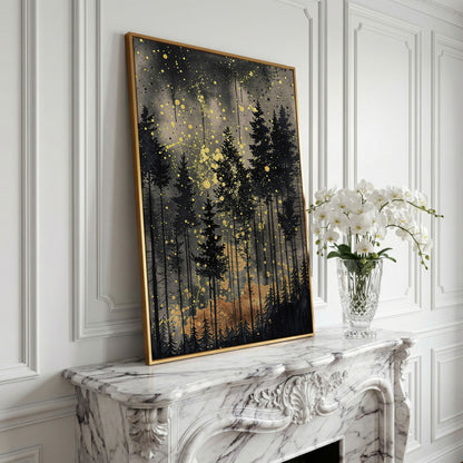 Mystical Pine Trees Forest Canvas in yellow gold floating frame