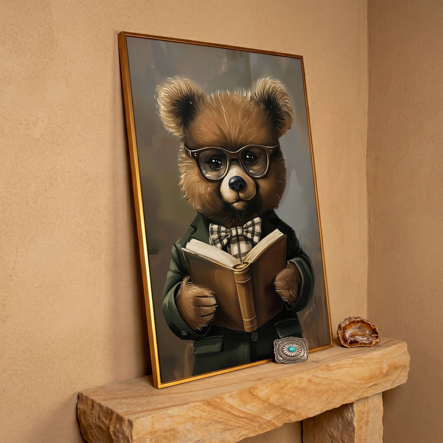 Dapper Bear Reading a Book. Anthropomorphic Animal Canvas Art in antique gold floating frame