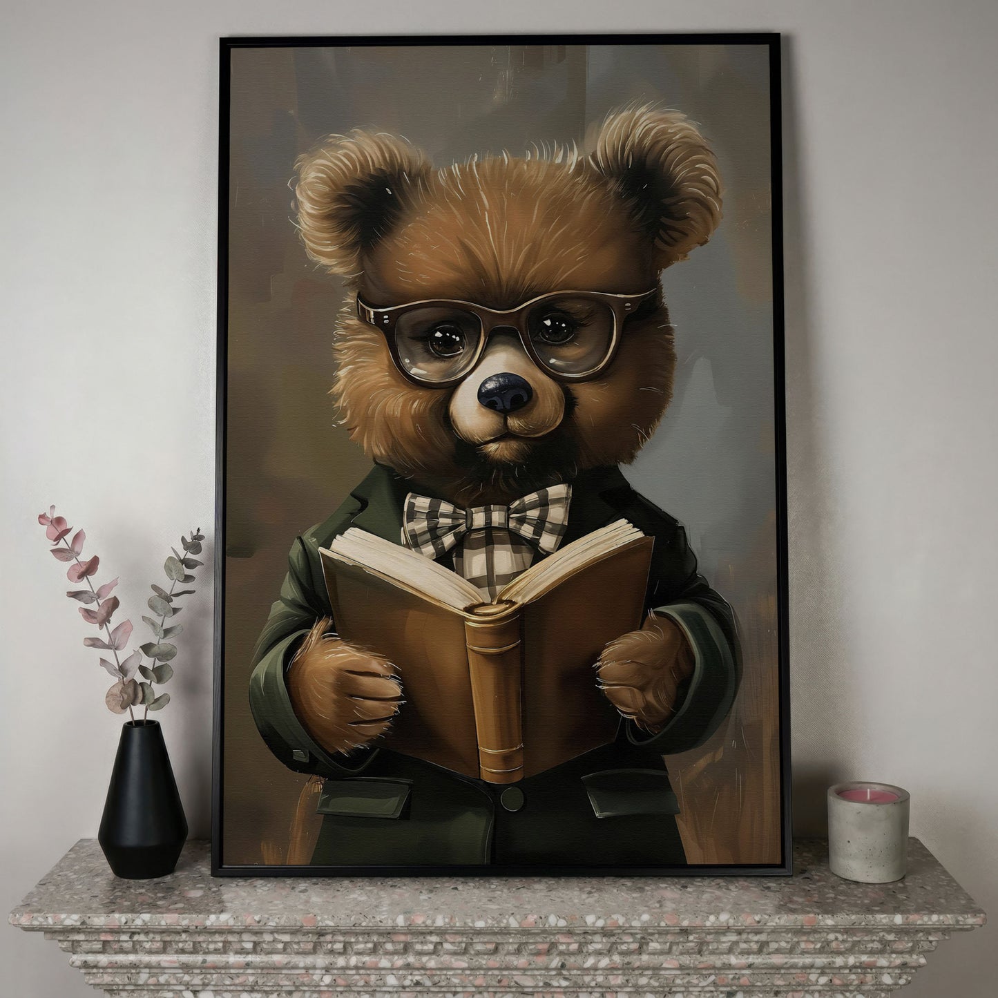 Dapper Bear Reading a Book. Anthropomorphic Animal Canvas Art in black floating frame