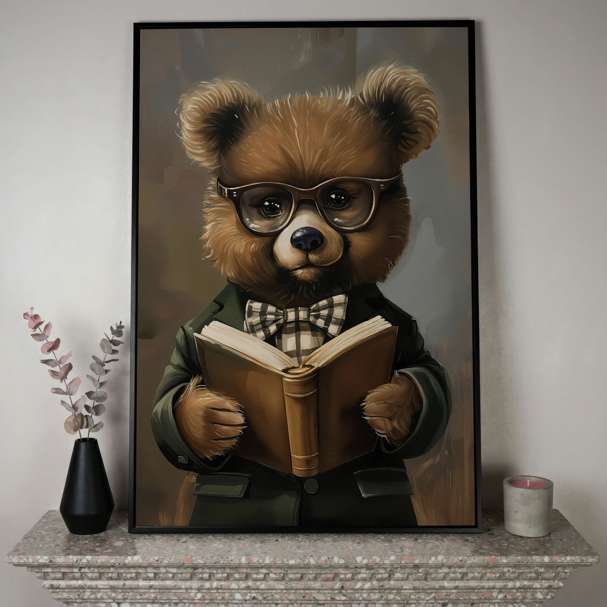 Dapper Bear Reading a Book. Anthropomorphic Animal Canvas Art in black floating frame