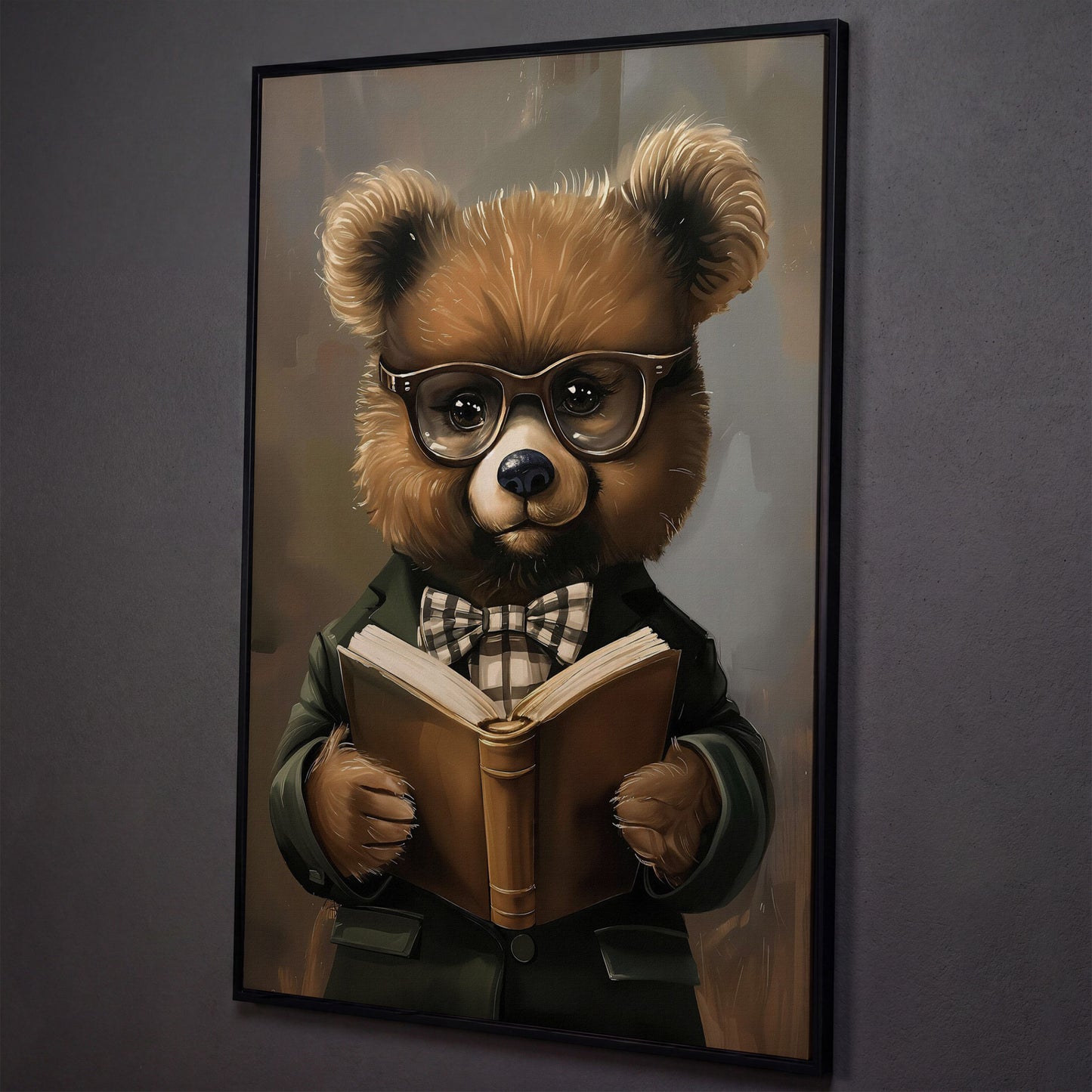 Dapper Bear Reading a Book. Anthropomorphic Animal Canvas Art shown in black floating frame
