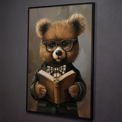 Dapper Bear Reading a Book. Anthropomorphic Animal Canvas Art shown in black floating frame