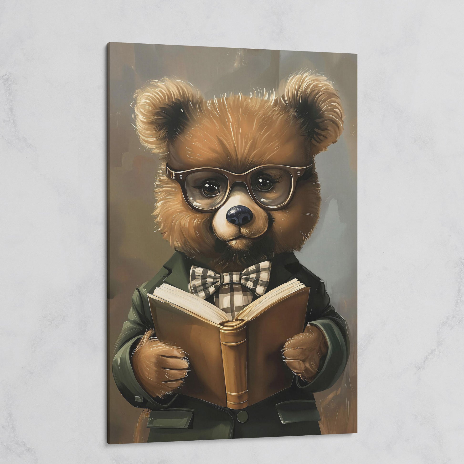 Dapper Bear Reading a Book. Anthropomorphic Animal Canvas Art on gallery wrap
