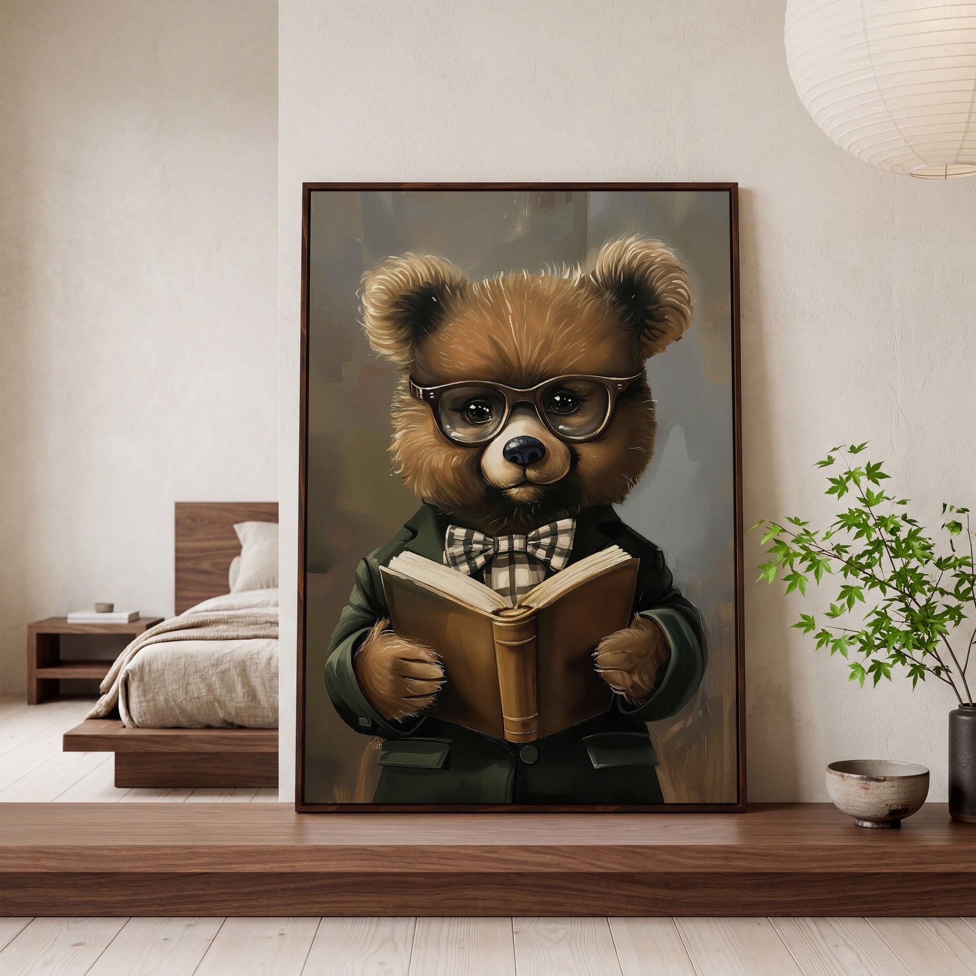 Dapper Bear Reading a Book. Anthropomorphic Animal Canvas Art in dark walnut floating frame