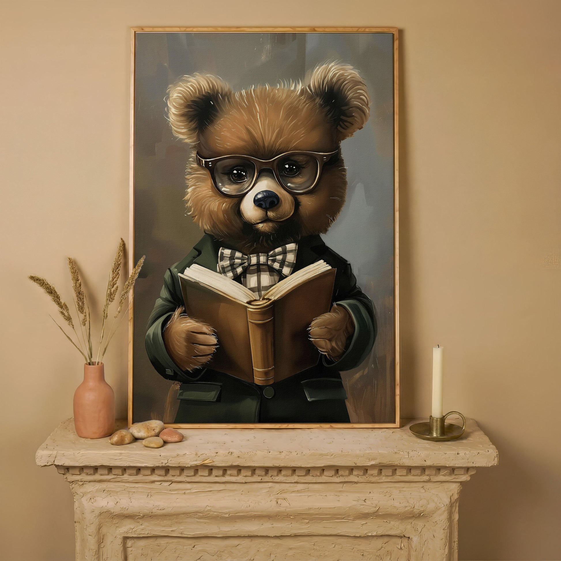 Dapper Bear Reading a Book. Anthropomorphic Animal Canvas Art in white oak floating frame